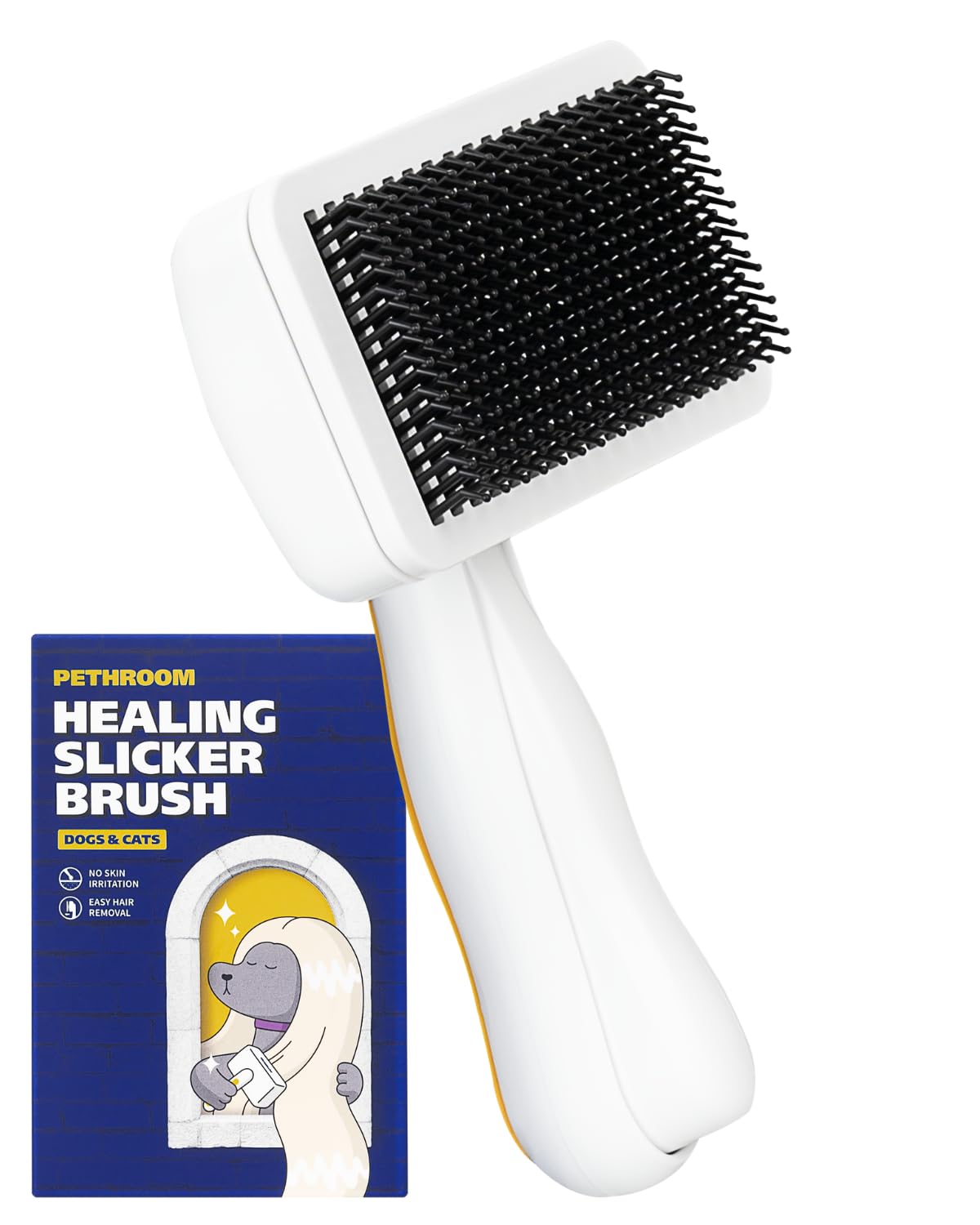 Photo 1 of [PETHROOM] Healing Slicker Brush | Pet Brush | Dogs & Cats | Goldendoodle| Coated Tips for Gentle Grooming |Brush for Shedding | Long-Haired or Curly-Haired Dogs, White & Yellow