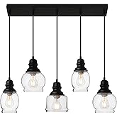 WILON Pendant Lights Kitchen Island, 5-Light Dining Room Light Fixture with Seeded Glass Shade, Farmhouse Chandeliers for Din