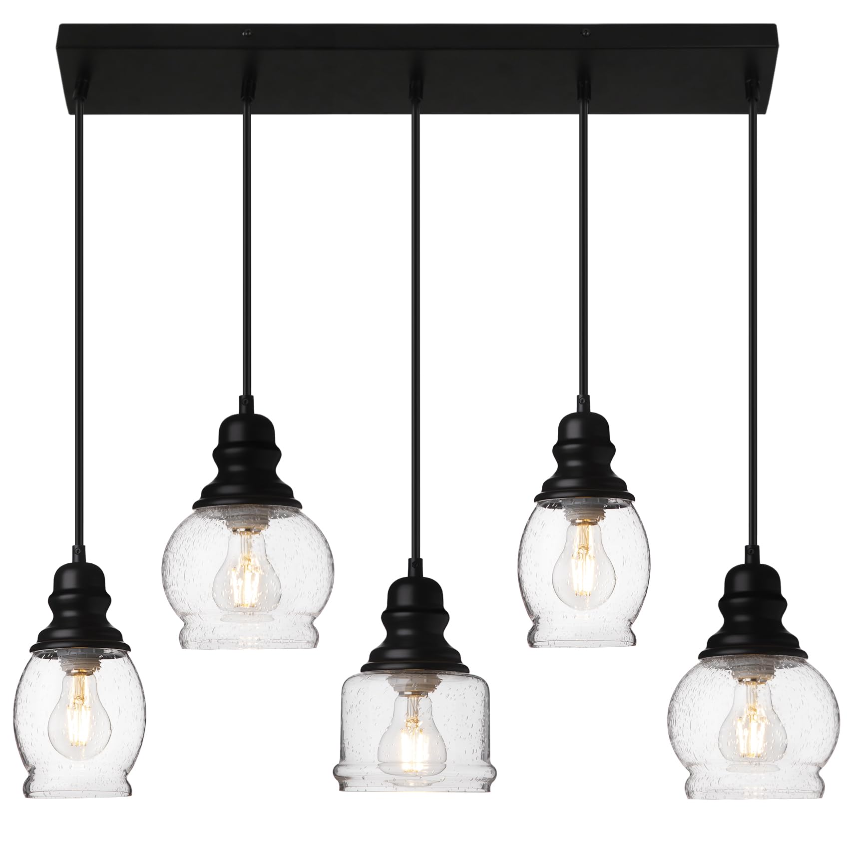 Photo 1 of WILON Pendant Lights Kitchen Island, 5-Light Dining Room Light Fixture with Seeded Glass Shade, Farmhouse Chandeliers for Dining Room Matte Black Finish Hanging Linear Chandeliers for Kitchen Island