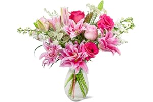 Mother's Day Gift, Colour Republic Fresh Cut Premium Ecuadorian Pink Roses and Pink Rose Lilies, 16 Fresh Flowers with Vase
