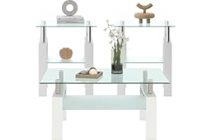 ODUSE-DAILY Glass Coffee Table Set of 3 Piece, Living Room Table Set of 3, White Coffee Table and End Coffee Table Sets, Metal Frame (White)