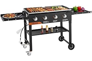 VEVOR Gas Griddle, 4-Burner Flat Top Grill, 36 inch Grill Plate Foldable Propane Griddle with Wheels, 60000 BTU Outdoor Flat 