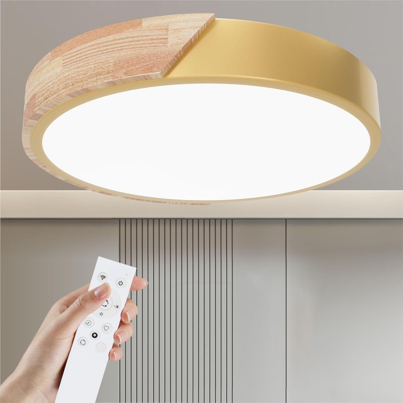 Yexati Ceiling Light Wood,Dimmable Ceiling 3000K-6000K,Remote Controlled Led Ceiling Light,24W Modern Light Fixture for Living Room, Bedroom and Hallway, 30CM，Gold