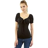 AmélieBoutik Women Ruffle Trim Tie Notch Neck Raglan Puff Short Sleeve Blouse Top