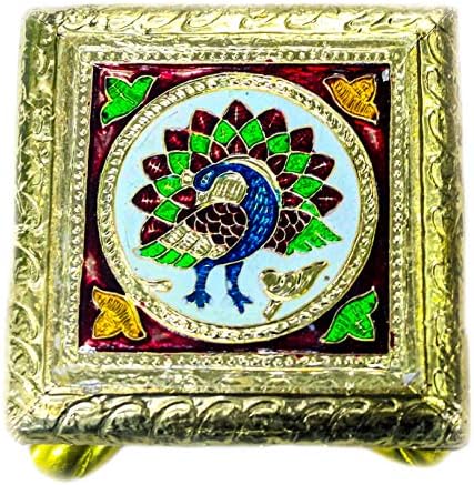 The Holy Mart Decorative Wooden Chowki with Meenakari Work (4x4 inch) | Chowki for Idols| Pooja Chawki