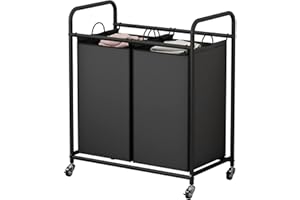 SUOERNUO Laundry Sorter Basket 2 Bag Laundry Hamper Cart with Rolling Lockable Wheels and Removable Bags Laundry Organizer Cart for Clothes Storage, Black