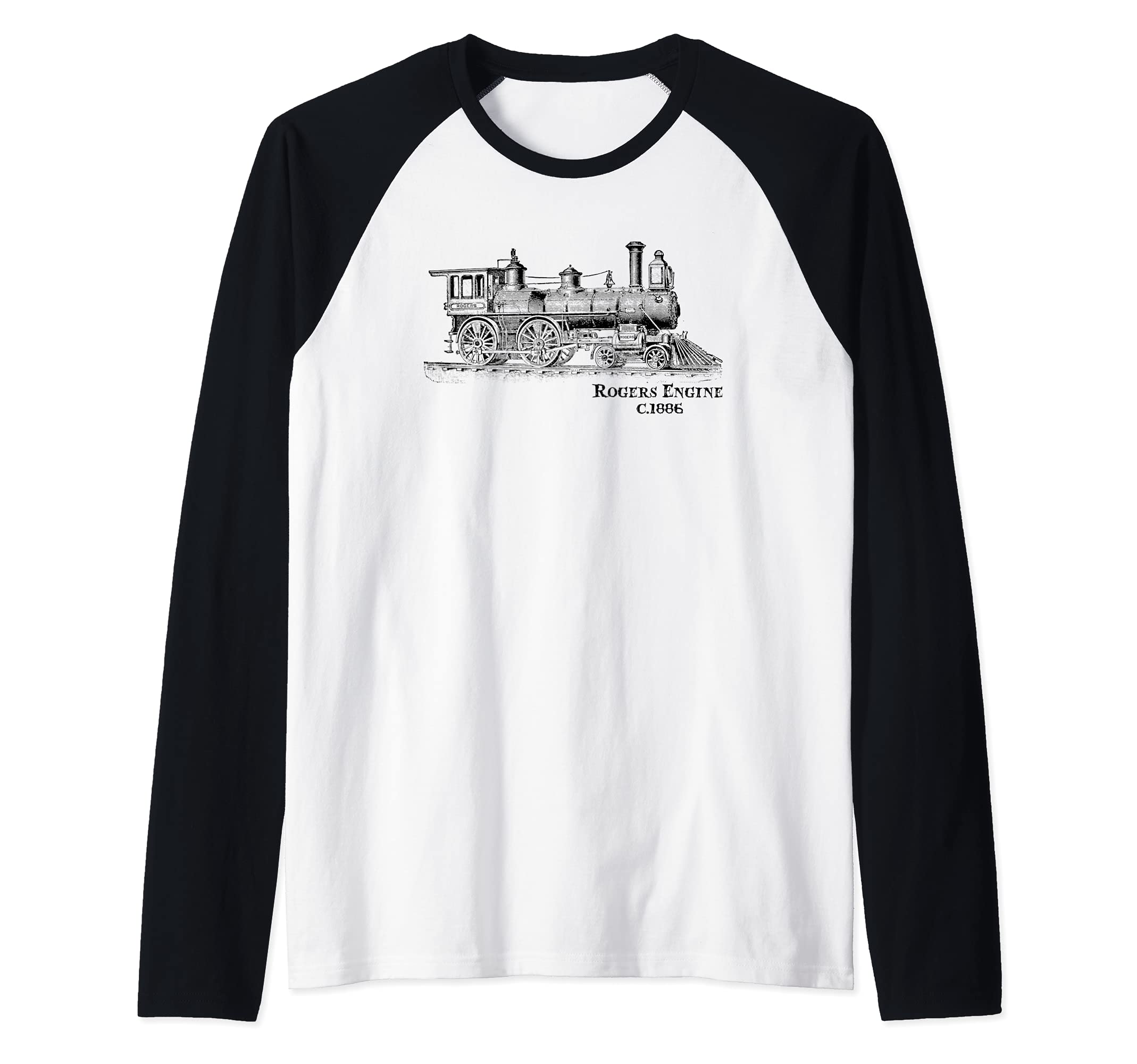 Vintage Locomotive Train Railroad Engine Art 1886 Raglan Baseball Tee