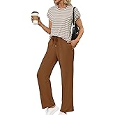 Glamaker Women's 2 Piece Sets Striped Summer Outfits Short Sleeve Shirts Wide Leg Pants Casual Lounge Sweatsuits