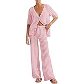 Imily Bela Women's Summer 2 Piece Swimsuit Cover up Crochet Knit Cardigan Tops Long Pants Set Bathing Suit Beach Outfit