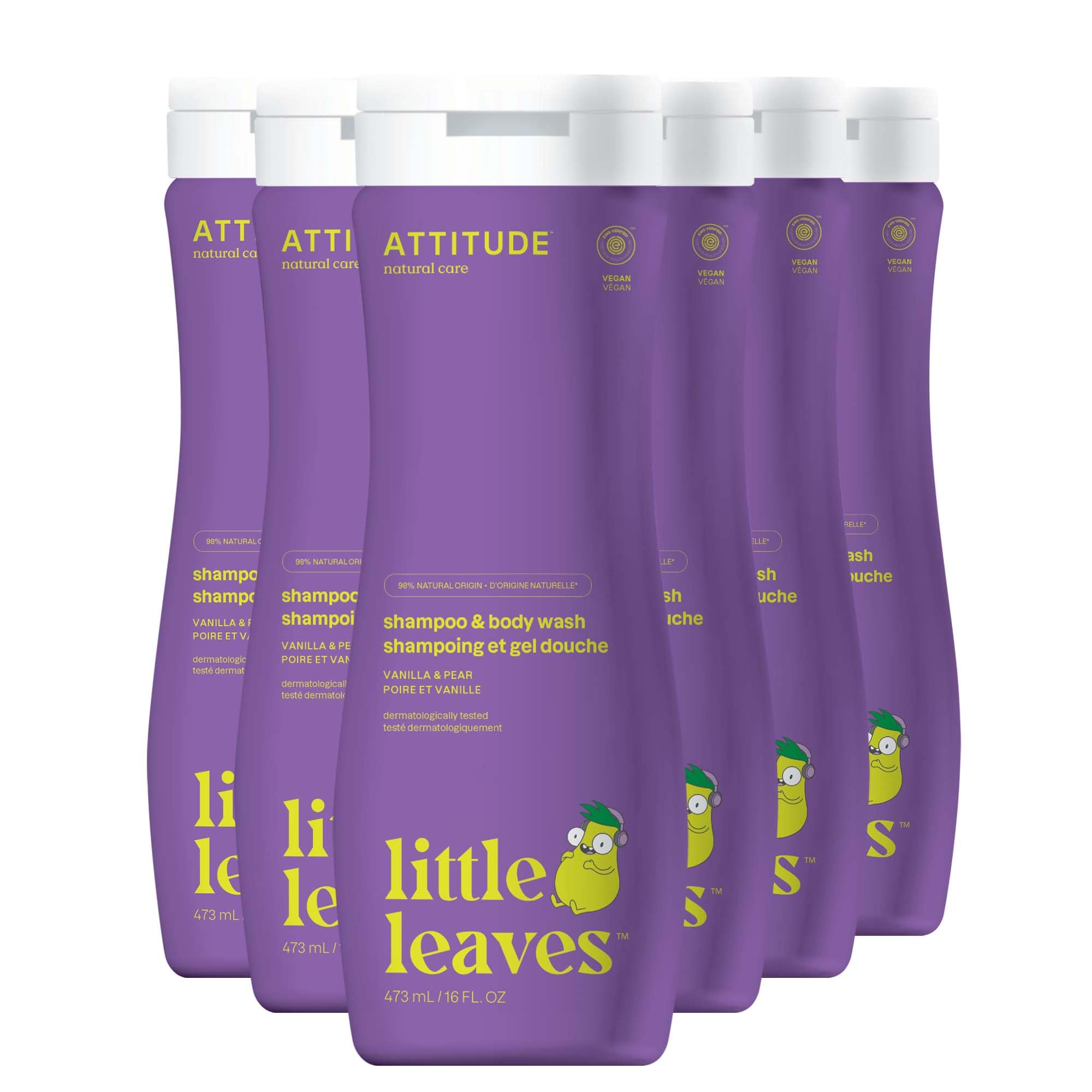 ATTITUDE Shampoo and Body Wash for Kids, EWG Verified Hair and Body Cleanser, Dermatologically Tested Soap, Plant and Mineral Based Bath Products, Vegan, Vanilla & Pear, 16 Fl Oz (Pack of 6)