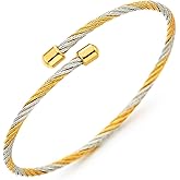 COOLSTEELANDBEYOND Two-Tone Cable Wire Cuff Bracelet Stainless Steel Gold Silver Twist Open Bangle Elegant Jewelry Gift