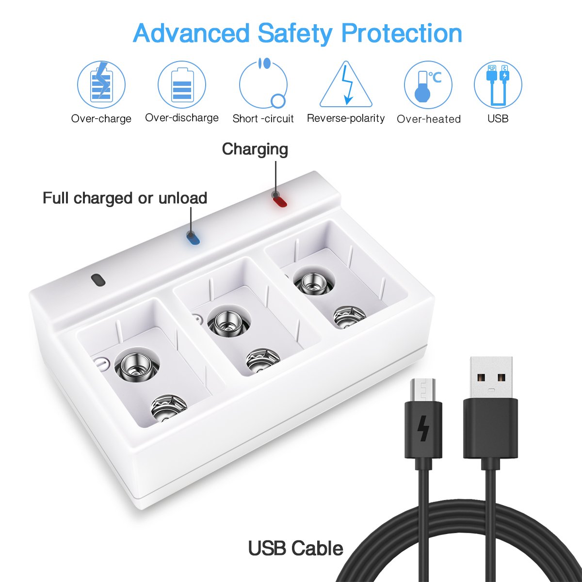 Keenstone 9V 800mAh Rechargeable Li-ion Battery with 3-Slot Charger for TENS Smoke Detector Multimeter Alarm System etc（3-Pack）
