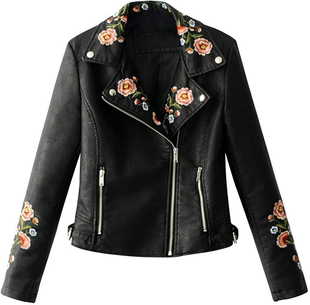 Biker Jacket Elegante Donna Moda Giacca di Pelle Invernali Ricamo con