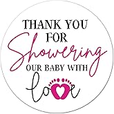 Pack of 50 Pink Little Feet Baby Shower Stickers - Thank You for Showering Our Baby With Love - Favors for Girls, Labels, 2 Inch