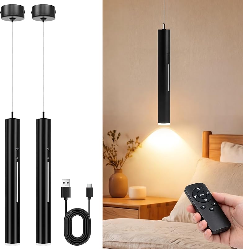 Lámpara Colgante con Bateria, Lámparas Colgantes LED Modernas Diseño, Luz inalámbrica, Recargable USB 5000mAh y Mando a Distancia, Para Cocina, Comedor, Dormitorio, Salón (Negro-2) — foto 1 de 7