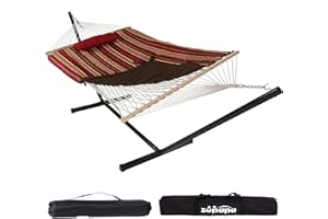 ZUPAPA Double Outdoor Hammock with Stand, 2 Person Cotton Rope Hammock with Polyester Pad and Pillow for Backyard Porch Patio Garden