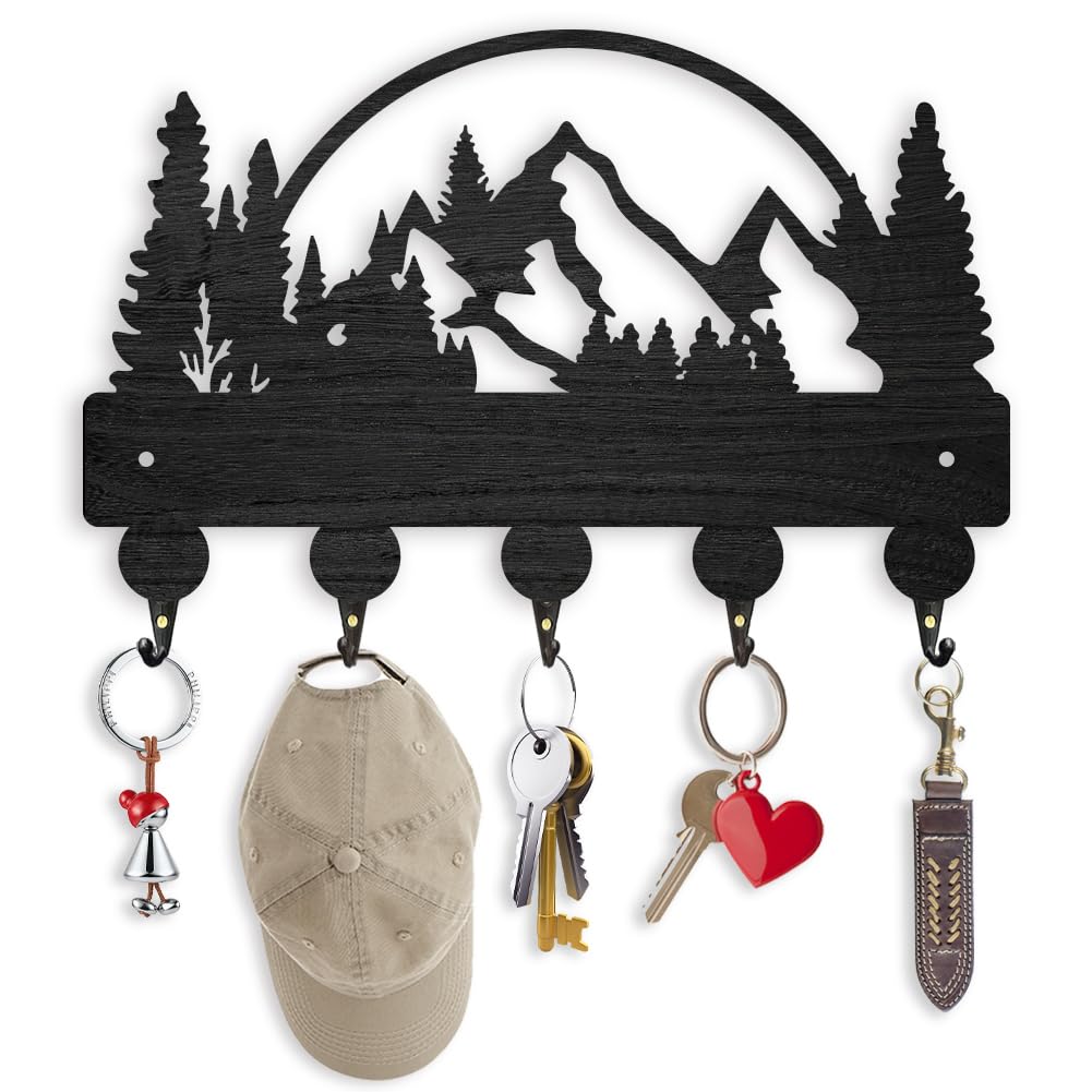 ORIGACH Black Mountains and Forests Wooden Key Holder for Wall 30×16.9cm Wood Key Rack with 5 Metal Hooks Wall Mounted Mountains Key Hooks for Front Door Kitchen Entryway Hallway