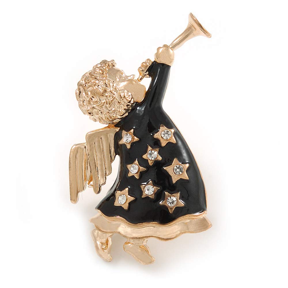 Gold Tone Black Enamel, Clear Crystal 'Beautiful Angel' Brooch - 50mm L