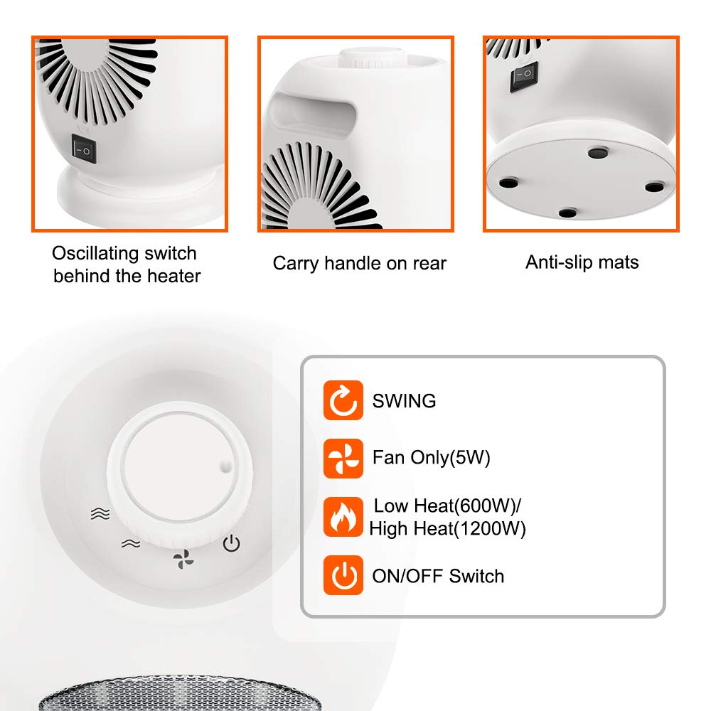 1200W/600W Electric Space Heater,Ceramic Portable Heater with Overheat Protection & Tip-Over Protection, Personal Quiet Heater for Home/Office/Bedroom/Bathroom/Outdoor