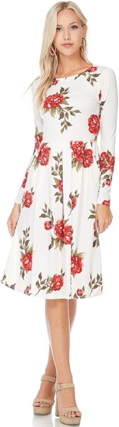 Modest Shop LA MSLA7758 Floral Pleated Midi Dress with Pockets, Long Sleeve