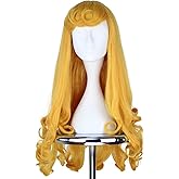 Yan Dream Princess Golden Long Curly Wig Halloween Costume Anime Cosplay Party Wavy Wig with Bangs for Women