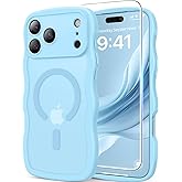Magnetic for iPhone 17 Pro Max Case, 1X Screen Protector+1X Wrist Strap, Cute Wavy [Compatible with MagSafe][Full Camera Protection] Trendy Matte Women Girly Case for iPhone 17 Pro Max 6.9", Sky Blue