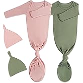 2Pk Newborn Baby Knotted Gown, Super Soft Silky Infant Long Sleeve Sleeper for Baby Sleeping with Hat Green & Pink (2 Packs 0-3 Months)