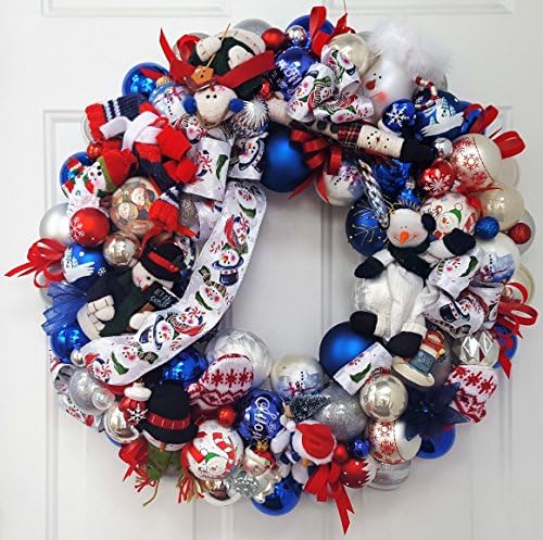 24" Glass Christmas Ornament Wreath Snowy Dreams Snowman Snowflakes Mittens; Red White Blue; Vintage Ornaments