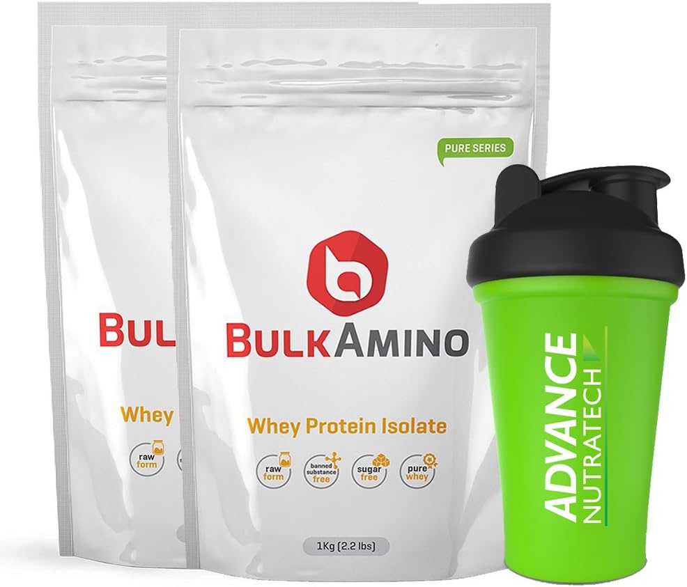 Advance Nutratech Bulkamino Whey Protein Isolate 2Kg 4.4Lbs(1Kg X 2 Pouches) Unflavoured + Free Shaker