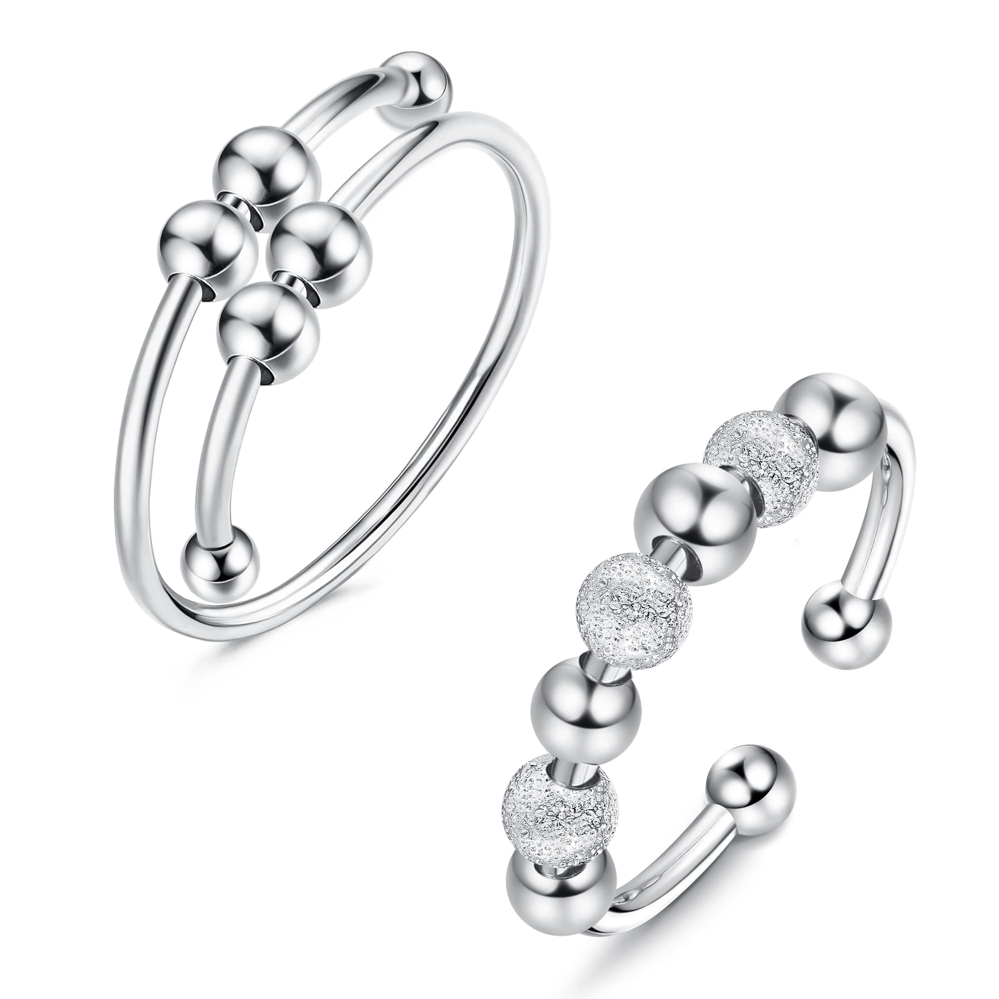 KALVICA 2 PCS Anxiety Rings 925 Sterling Silver Fidget Ring for Women Men Anxiety Adjustable Spinner Ring Open Bead Thumb Rings Stress Relief Peace Rings
