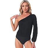 Allegra K One Shoulder Bodysuit for Women's Long Sleeve Casual Ribbed Body Suits