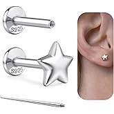 BUTADR 16G/18G Solid 925 Sterling Silver Flat Back Stud Earrings for Women, 6mm and 8mm Post Lengths, Tragus Conch Helix Piercing Jewelry Heart Snake Star CZ Gold Silver Nose Piercings