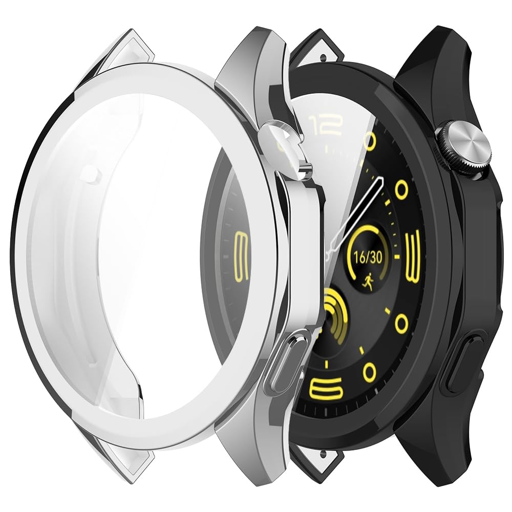 Msiall Pack of 2 Case Compatible with Huawei Watch GT4 46 mm Protective Case, Flexible TPU Full Protection Screen Protector Scratch-Resistant Screen Protector Protective Case – Silver Black