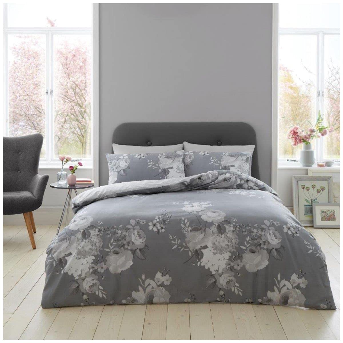 GC GAVENO CAVAILIA Easycare Floral Duvet Cover Blossom Roses, Reversible Polka Dot Bedding Quilt Set, Cotton, Grey, Double