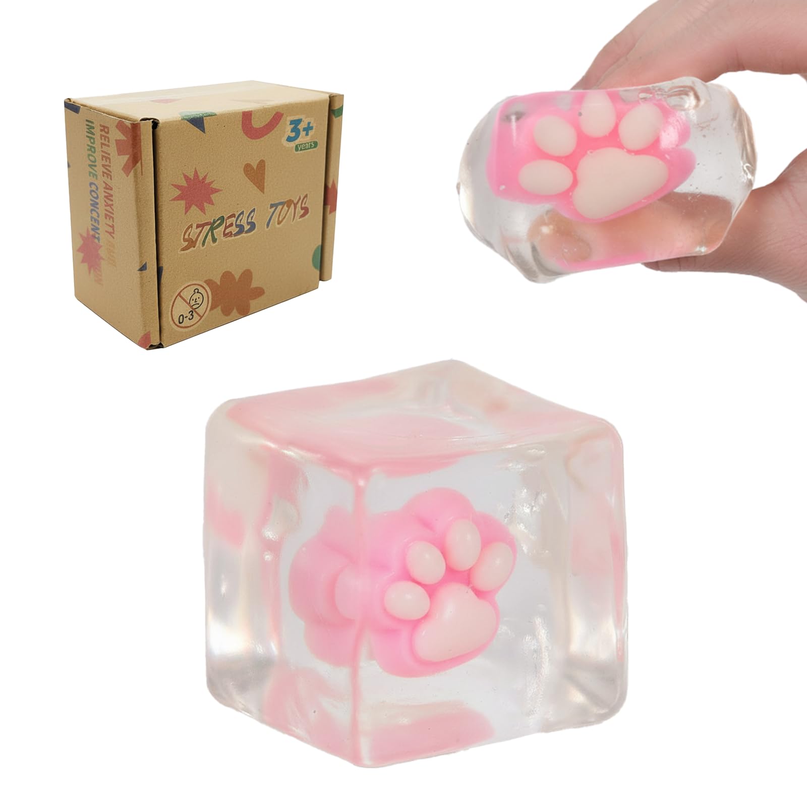 Jiezipeasy Paw Squishy Fidget Toy, Soft Slow-Rising Stress Relief Squeeze Cube, Sensory Handheld Fidget Toy for Kids and Adults, Clear (Pink)
