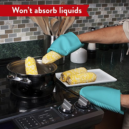 New for 2020! 100% Silicone Pot Holders & Oven Mitts. A Silicone Mitt is Healthier Than Cotton & Easier to Clean, Won't Grow Mold or Bacteria. Heat Resistant, Non-Slip & Flexible (Teal, 1 Pair)