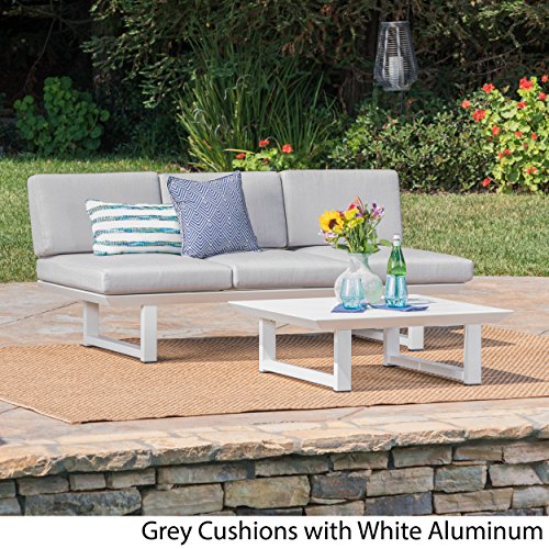 Brandy Outdoor Sofa w/ Coffee Table & Water Resistant Cushions (Grey/White)