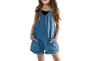 Haloumoning Girls Overall Shorts Kids Summer Fashion Sleeveless Low Back Rompers with Big Pockets