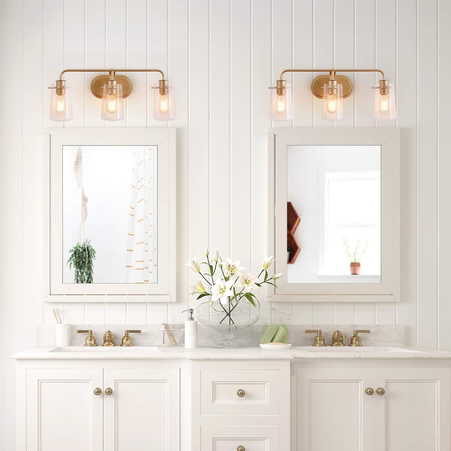 KSANA Gold Vanity Light 3 Modern Bathroom Fixture with Seeded Glass Shade - - 
