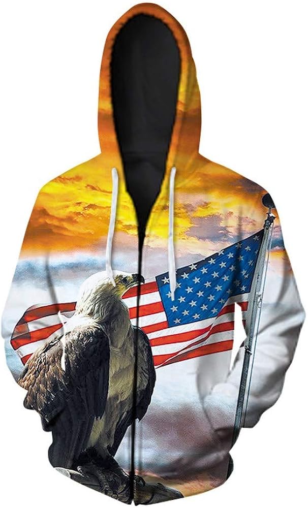 Unisex American Eagle 3D Digital All Over Print Zip Up Hoodie Casual Hooded Sweatshirt Jacket 