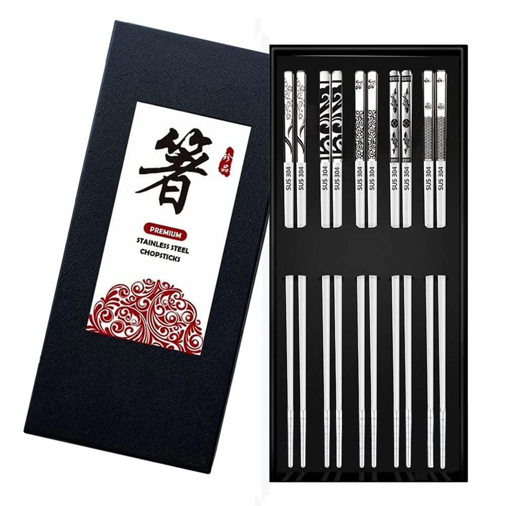 DONGDA Reusable Stainless Steel Chopsticks - 5 Pairs Silver Metal Chopsticks, Dishwasher Safe With Pattern for Japanese Chinese Korean Kitchen & Dining