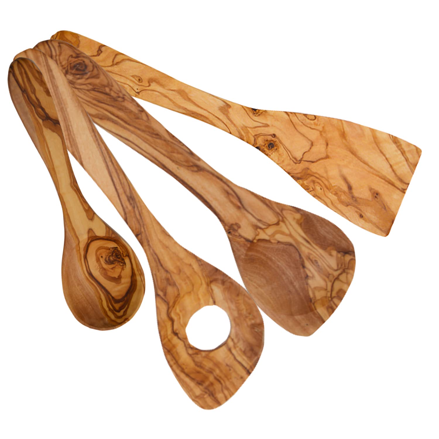 Olivaza Olive Wood Spoon Set of 3, Natural Wood Grain, Yellow, Antibacterial, Unique, Plastic Free, Dishwasher Safe, Kitchen Utensil Set