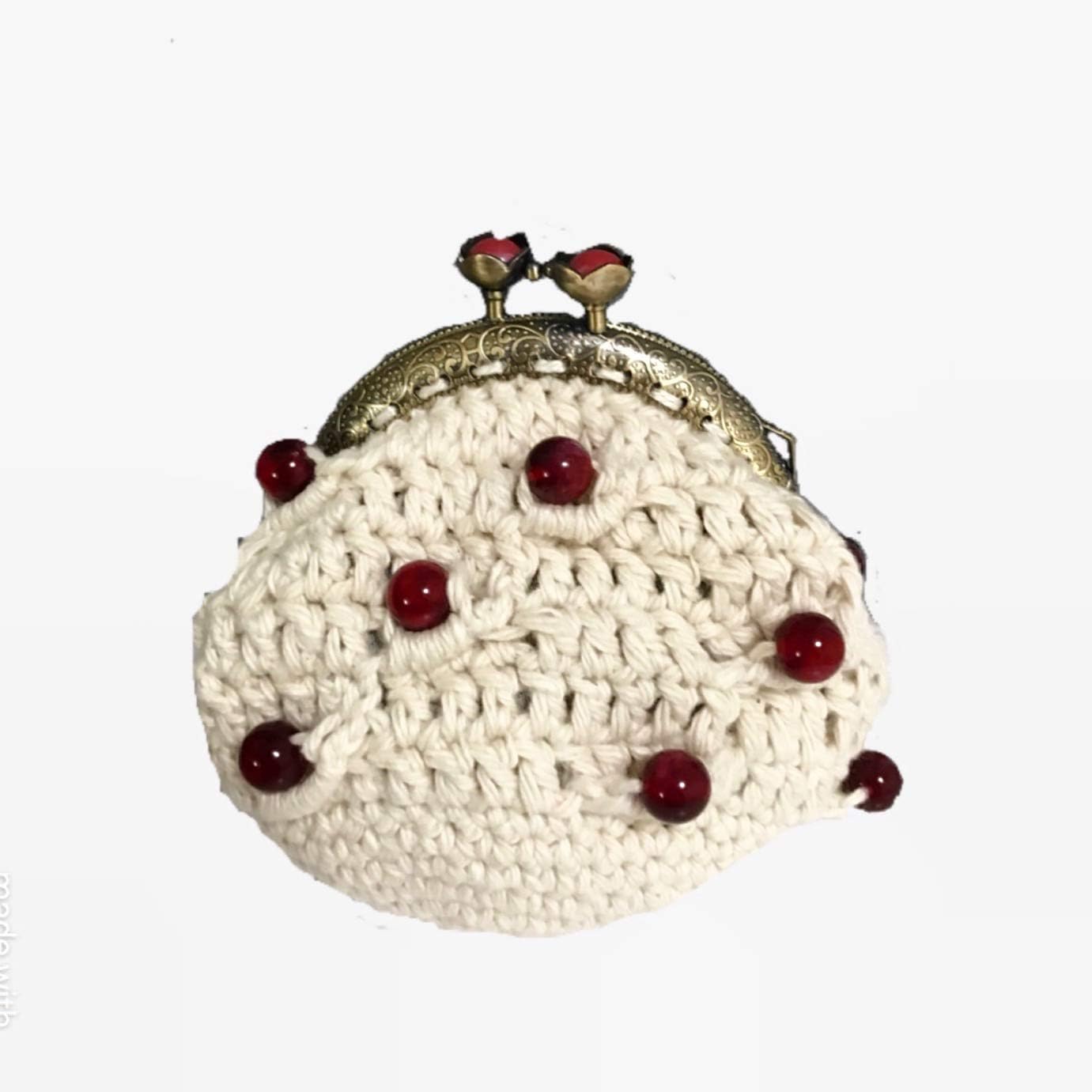 wallet,Crochet Kiss Lock Coin Purse, Change Purse, Handmade Money Pouch, Cotton Coin Purse, Red Bead Clasp Frame