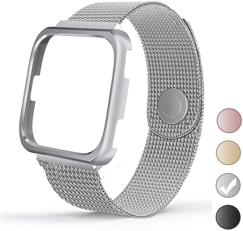 REYUIK Compatible with Versa Bands with Frame,Stainless Steel Mesh Breathable Metal Wristband with Protective Case Bumper Accessories for Women Men