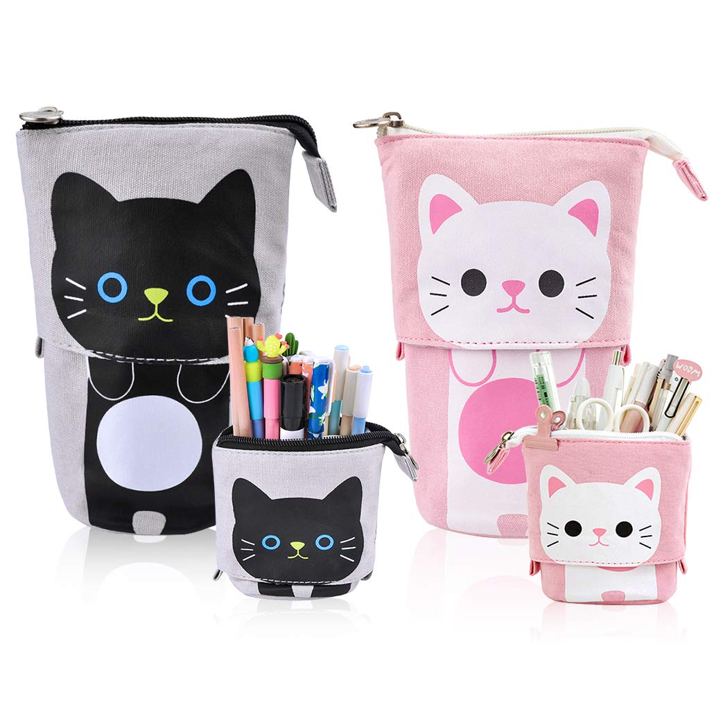 iSuperb 2 Pieces Pencil Case Stand Up Pencil Holder Cute Cat Pencil Box Pen Organizer Pencil Pouch Bag with Zipper Cosmetic Canvas Stationery Makeup Bag for Boys Girls Students and Office Supplies