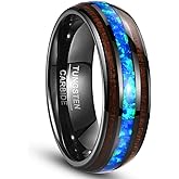 Vakki 6mm 8mm Hawaiian Koa Wood Tungsten Rings for Men Blue Created Opal Wedding Band Dome Style Comfort Fit Size 6-14