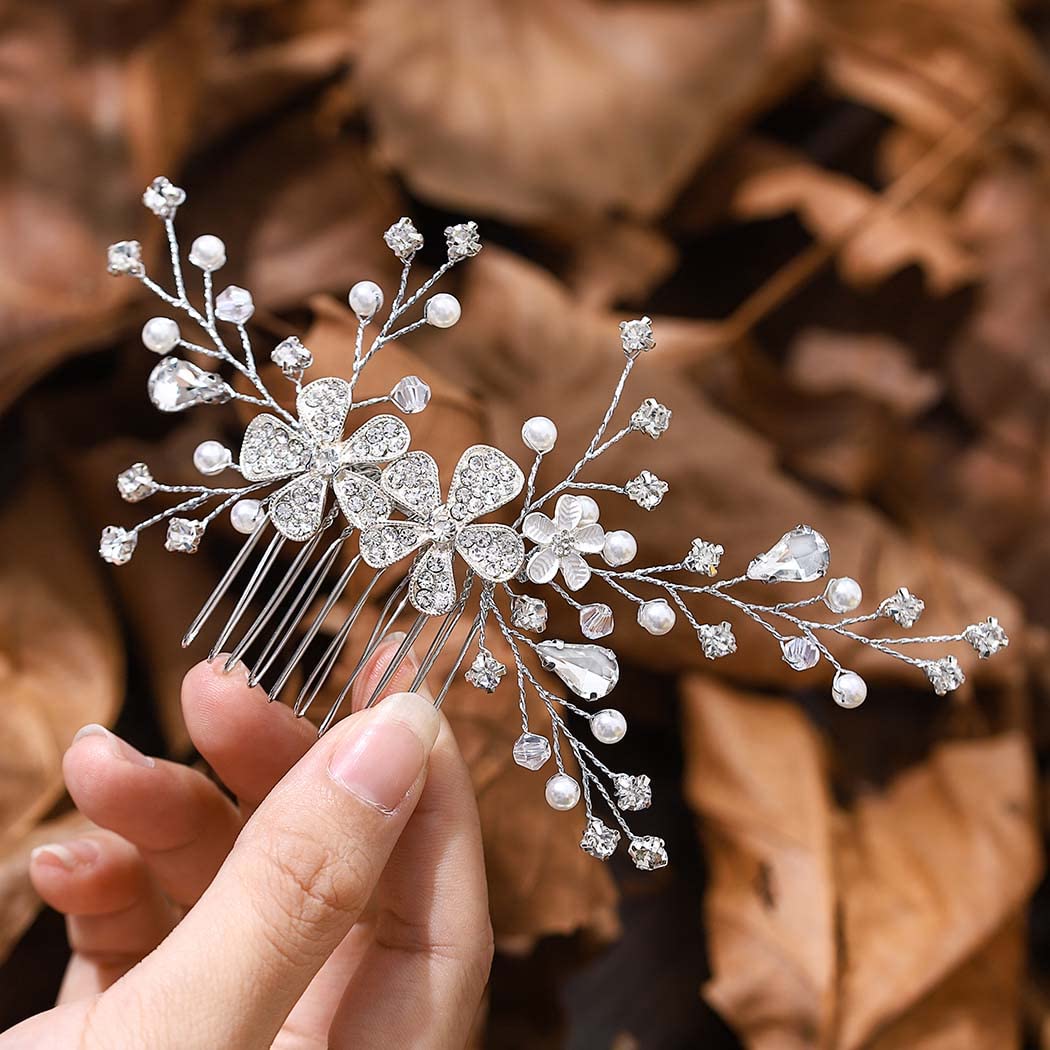 IYOU Bridal Wedding Hair Comb Sliver Sparkly Rhinestones Side comb Shiny Crystal Flower Hair Piece Bride Pearl Hair Accessories for Women