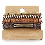 Mix 4 Brown Wrap Bracelets Men Women, Wood Beads Ethnic Tribal Bracelets, Leather Wristbands