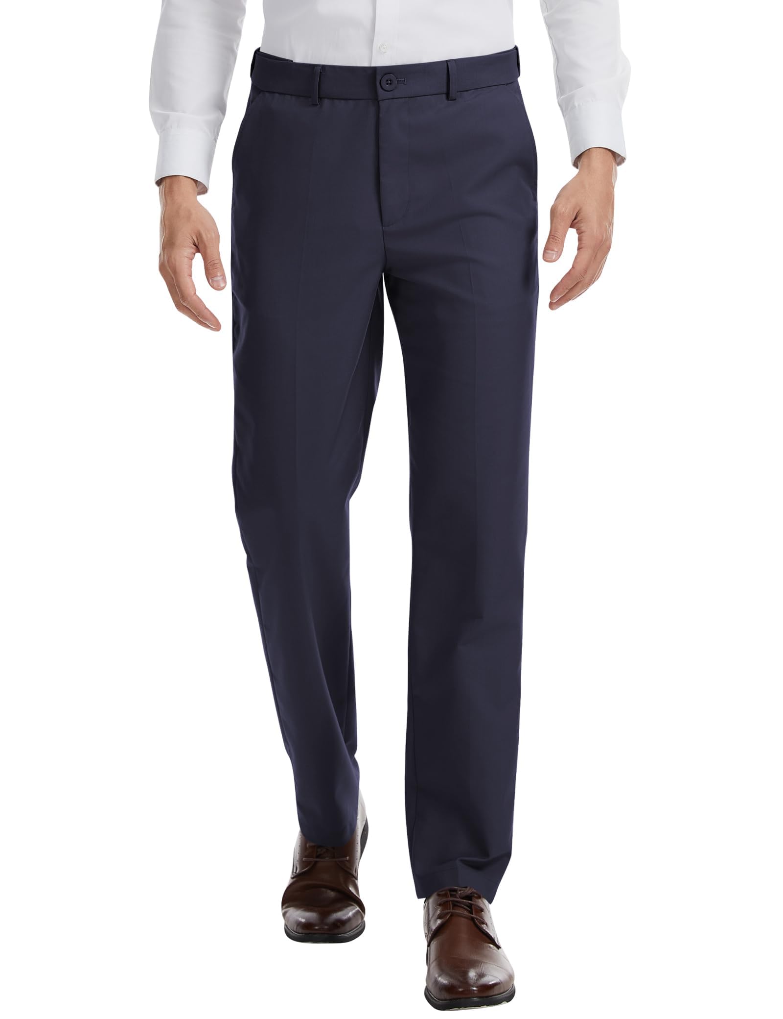 Photo 1 of Men's Tall Classic Fit Expandable-Waist Flex Flat Front Dress Pants Formal Pants for Business & Office Navy/ slim