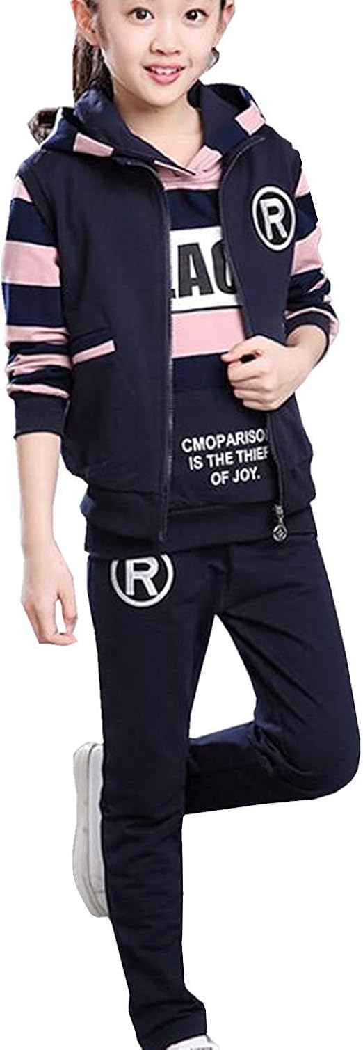 Amazon Sanku 女の子 ジャージ 上下セット 3点セット 子供服 フード付き ストライプ 人気 長袖 ジャケット スウェット トレーナー 春秋 薄手 ジップ アップ おしゃれ パーカー 女児 ガールズ キッズ スポーツウェア 運動着 体育 ピンク 150cm ジャージ 通販